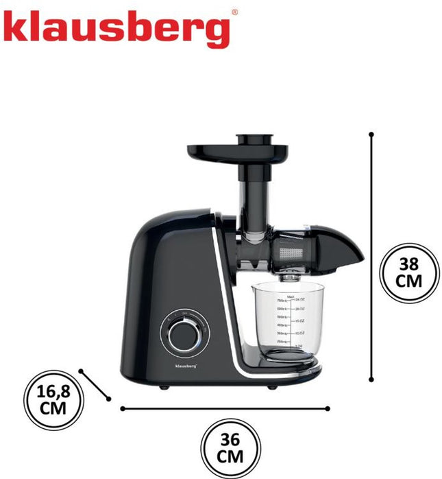 Klausberg Slow Juicer KB-7866 – 150W | Cold Press | Stille Juicer - Groenten en Fruitpers – Met Pulpreservoir - Zwart met Zilveren Accenten