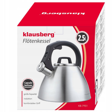 KLAUSBERG KB-7951 Fluitketel 2,5 L – RVS – Soft-Touch Handgreep – Inductie – Zilver