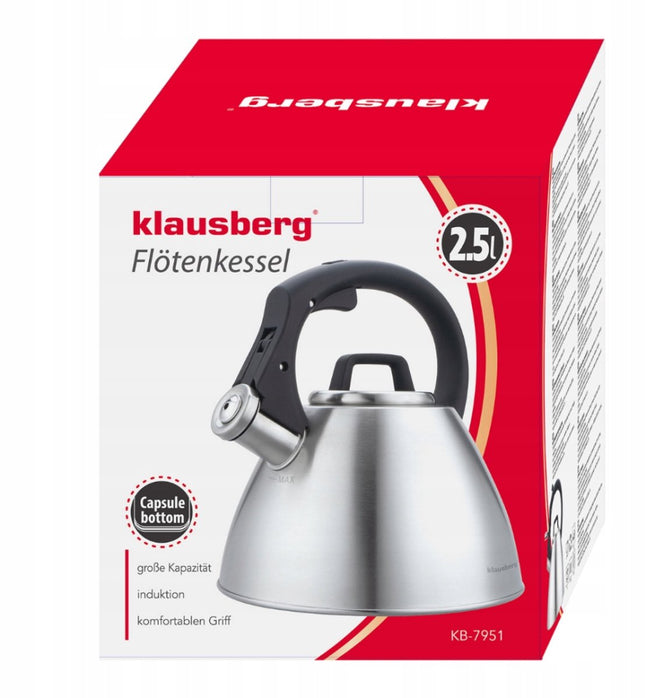 KLAUSBERG KB-7951 Fluitketel 2,5 L – RVS – Soft-Touch Handgreep – Inductie – Zilver