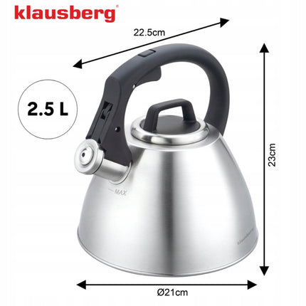 KLAUSBERG KB-7951 Fluitketel 2,5 L – RVS – Soft-Touch Handgreep – Inductie – Zilver