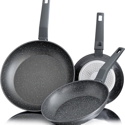 Set van 3-delig Hakal koekenpannen stenen coating - Grijs -Inductie - Ø 20, 24 & 28 cm - Soft-Touch Handgrepen - Anti-Aanbaklaag