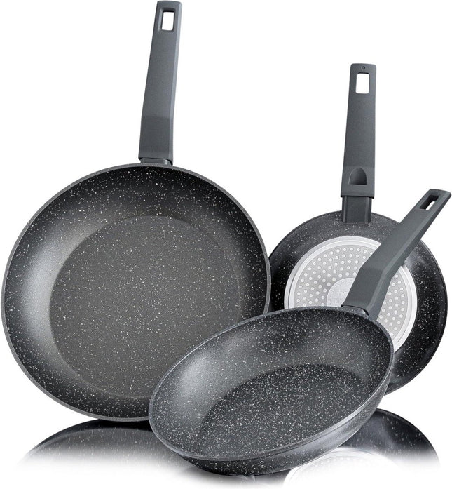 Set van 3-delig Hakal koekenpannen stenen coating - Grijs -Inductie - Ø 20, 24 & 28 cm - Soft-Touch Handgrepen - Anti-Aanbaklaag