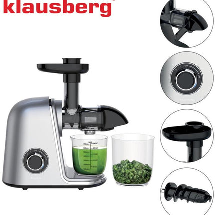 Klausberg KB-7868 Slow Juicer – 150W | Cold Press | Groenten en Fruitpers – Met Pulpreservoir | Grijs | Stille Horizontale Juicer met 7-Traps Perssysteem