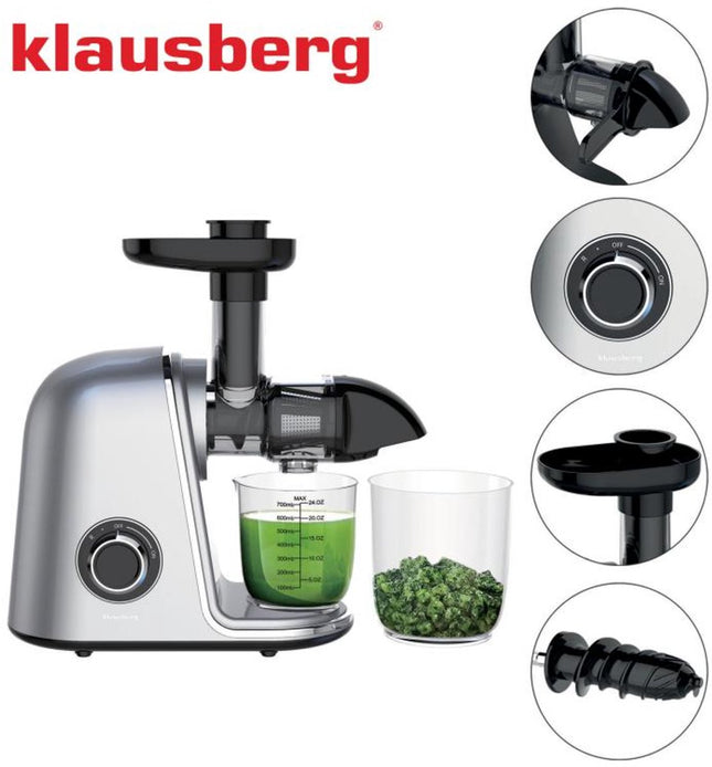 Klausberg KB-7868 Slow Juicer – 150W | Cold Press | Groenten en Fruitpers – Met Pulpreservoir | Grijs | Stille Horizontale Juicer met 7-Traps Perssysteem