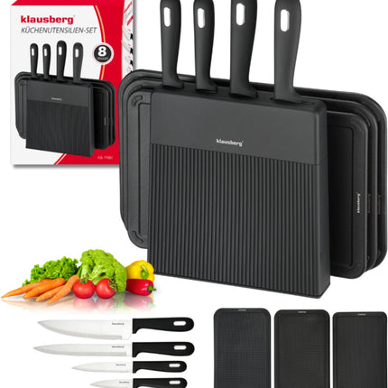 Klausberg KB-7980 8 Delig Keukenset - 4 Messen en 3 Snijplanken met Opbergstandaard - Compleet Snijset Zwart - Messenset - Messenblok - o.a. Koksmes , Vleesmes , 3 snijplanken