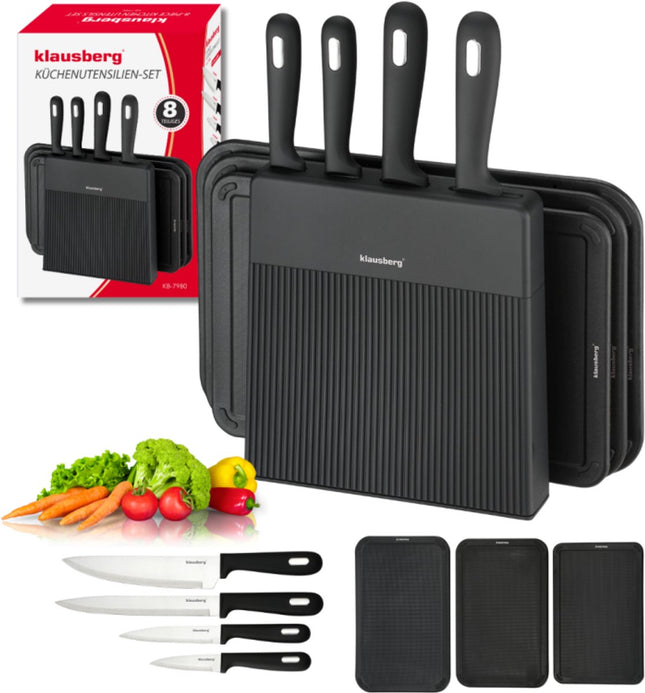 Klausberg KB-7980 8 Delig Keukenset - 4 Messen en 3 Snijplanken met Opbergstandaard - Compleet Snijset Zwart - Messenset - Messenblok - o.a. Koksmes , Vleesmes , 3 snijplanken