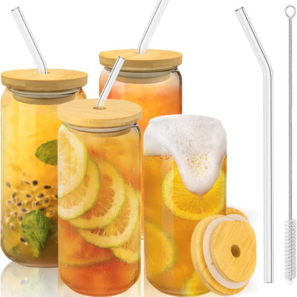 Bubble Tea Glazen Set - 4 Stuks 500 ml met Deksel en Rietje