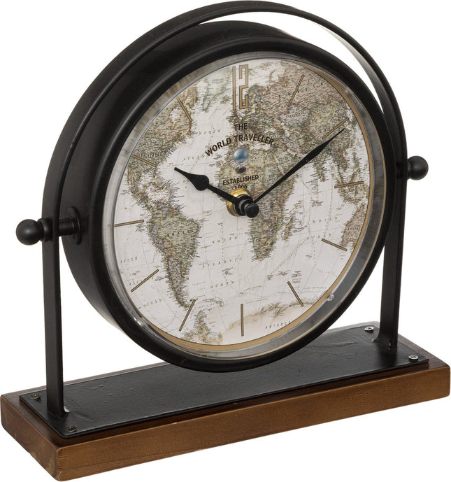 Atmosphera Tafelklok Earth Map - zwart - H21 cm - Dia klok 16 cm - glas/metaal/mdf - op standaard