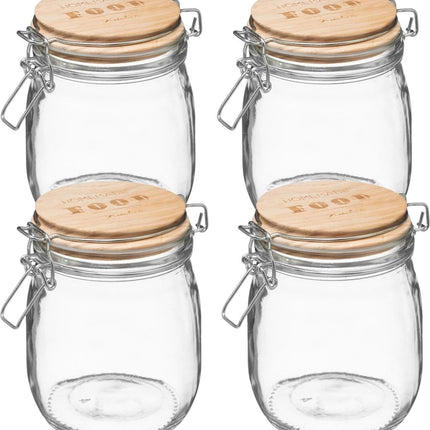 4x stuks voorraadbussen/voorraadpotten 0,75L glas met houten deksel en beugelsluiting - 750 ml - Voorraadpotten met luchtdichte sluiting