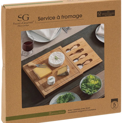Secret de Gourmet kaasplankje cadeau set - inclusief 4x kaasmesjes - bamboe hout - 30 x 30 cm - serveerplank