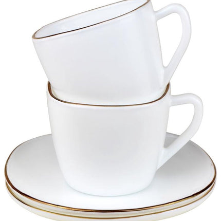 KingHoff Vierkante Kop en Schotel Set 12-delig - Wit Opaalglazen Koffiekopjes met Gouden Rand - 220 ml - Modern Design - Koffieset Schotelset