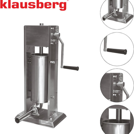 Klausberg Worstenvuller 5 kg - RVS - Verticaal Model KB-7930 - Professioneel voor Thuisgebruik - Incl. 4 Trechters - Handmatig