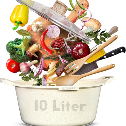 INTIGNIS® Braadpan met Deksel – 32 cm (10 liter) – GREBLON Keramische Antiaanbaklaag – Geschikt voor Inductie, Gas & Elektrisch – Inclusief Glasdeksel - Wit