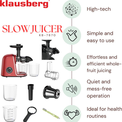 Klausberg Slowjuicer – 150W - 700ml - Groenten en Fruitpers – Met Pulpreservoir | Kersenrood | Juice Maker - Juicer met 7-Traps Perssysteem