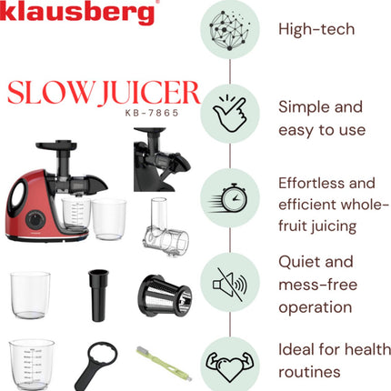 Klausberg Slow Juicer KB-7865 met pulpreservoir – 150W | Stille Juicer voor Groente, Fruit & Kruiden – BPA-vrij – Kersenrood - 700ml