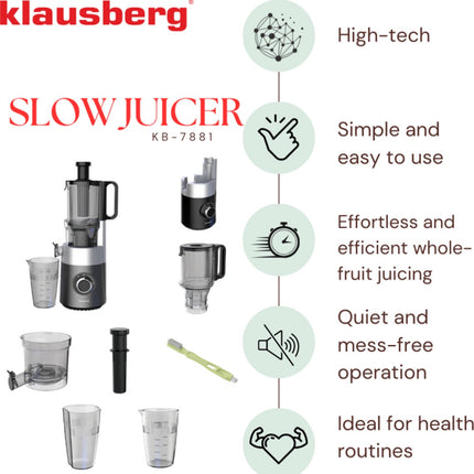 Klausberg KB-7881 Slowjuicer – Groenten- en Fruitpers | Cold Press | Brede XXL 113mm Invoer | RVS Behuizing | Stille Werking
