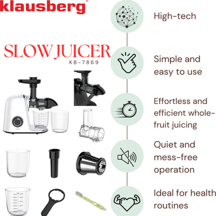 Klausberg Slow Juicer – 150W - 700ml | Cold Press | Groenten en Fruitpers – Met Pulpreservoir | Wit | Stille Horizontale Juicer met 7-Traps Perssysteem