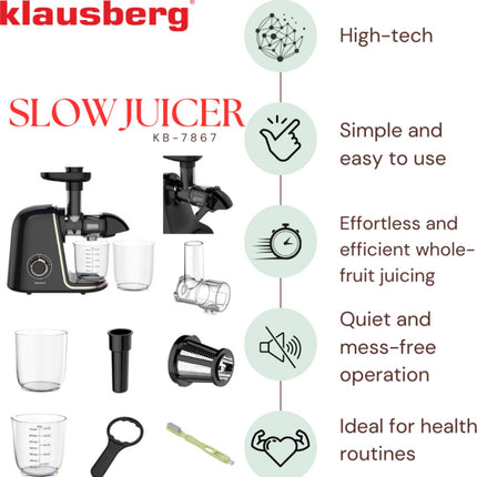 Klausberg Slow Juicer KB-7867 – 150W | 700 ml | Cold Press | Groenten en Fruitpers – Roségouden Accenten | Luxe Design & Hoog Saprendement