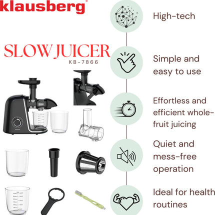 Klausberg Slow Juicer KB-7866 – 150W | Cold Press | Stille Juicer - Groenten en Fruitpers – Met Pulpreservoir - Zwart met Zilveren Accenten