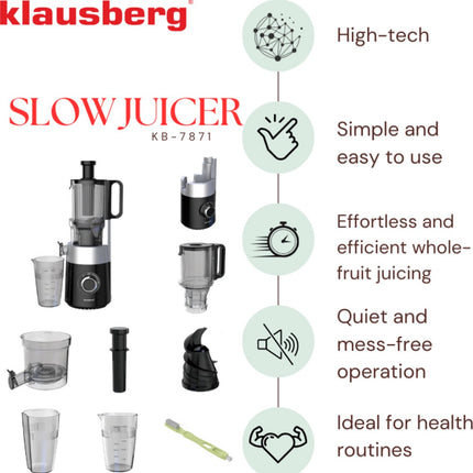 Klausberg KB-7871 Slowjuicer – Cold Press - Stille verticale juicer sapcentrifuge met brede vulopening – Fruitpers - Zwart/Zilver