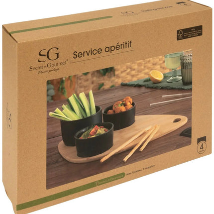 5Five Serveerplank bamboe - met 4x luxe schaaltjes - 35 x 24 cm - tapas en saus schaaltjes - zwart