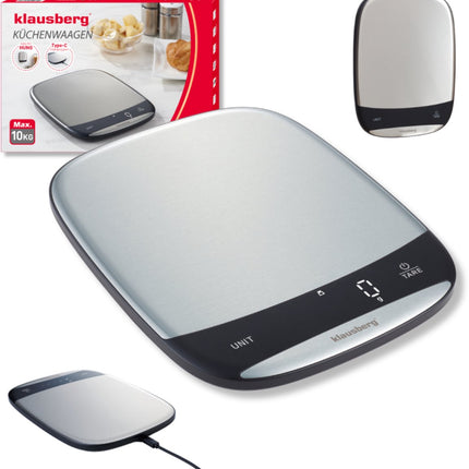 Klausberg KB-7936 Digitale Keukenweegschaal 10 kg – RVS INOX, USB-C Oplaadbaar, 1g Nauwkeurig, TARE Functie, Vloeistofmeting