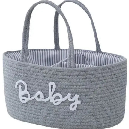 Baby Luiermand voor op de Commode – Opbergmand met 3 Vakken & Handgrepen – Grijs met Witte Letters Baby – Organizer voor Luiers, Doekjes en Accessoires - Luiertas Commodemandje - Baby Organizer