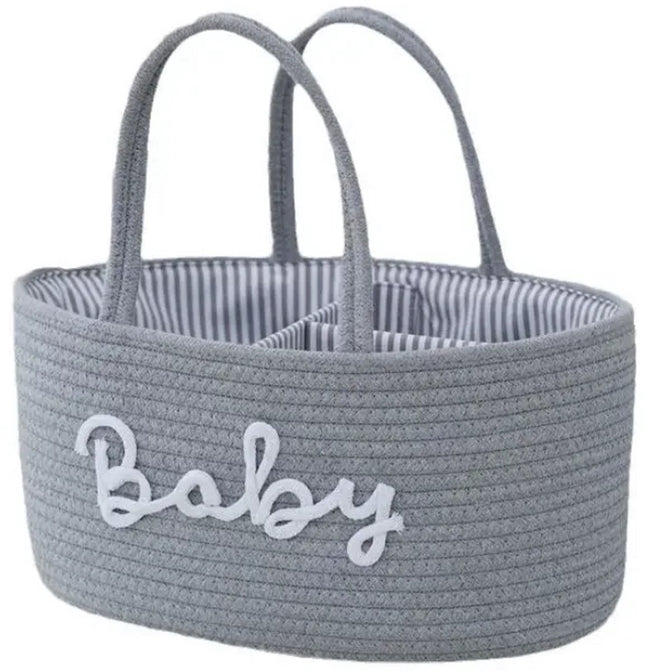 Baby Luiermand voor op de Commode – Opbergmand met 3 Vakken & Handgrepen – Grijs met Witte Letters Baby – Organizer voor Luiers, Doekjes en Accessoires - Luiertas Commodemandje - Baby Organizer