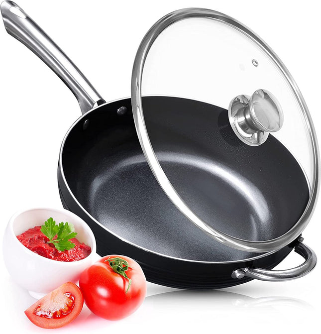 Koekenpan met deksel Non Stick Deep Saute Pan - Wok met extra handvat - 28 cm - Keramische coating - RVS - Inductie
