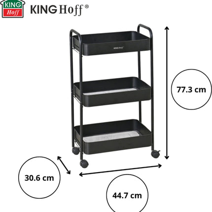 Kinghoff KH-1941 Mobiele 3-delige Stellingkar - Verrijdbare Opbergkar voor Keuken, Badkamer & Kantoor - Zwart - Keukenorganizer - Badkamerorganizer