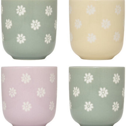 Margot Espressokopjes Set van 4 - Zachte Bloemetjes Print - 10 cl - Incl. 2x Groen, 1x Roze, 1x Geel