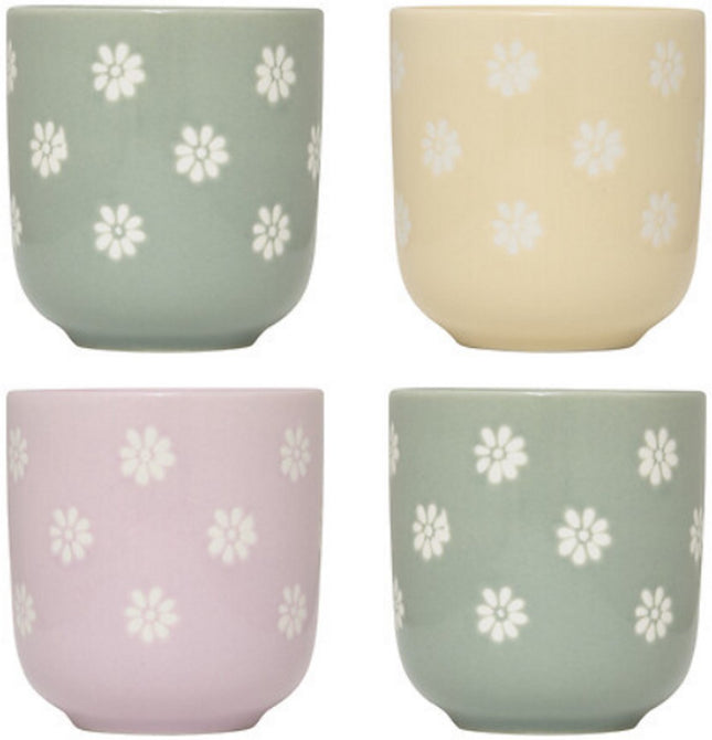 Margot Espressokopjes Set van 4 - Zachte Bloemetjes Print - 10 cl - Incl. 2x Groen, 1x Roze, 1x Geel