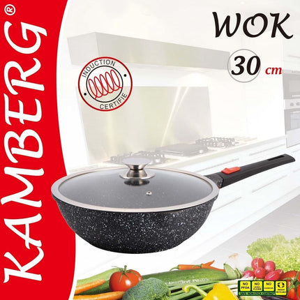 Kamberg Wokpan Inductie - Ø 30 cm - Zwart Marmer - met Deksel – alle warmtebronnen