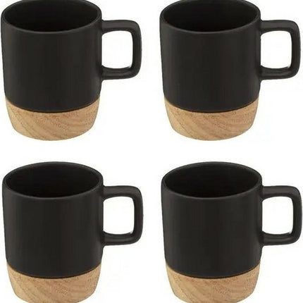 Secret de Gourmet Koffiekopjes/espressokopjes - 4x stuks - aardewerk - zwart - 120 ml - met onderzetters