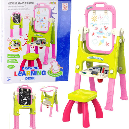 Leerbord 5-in-1 met Stoel - Tekentafel voor Kinderen met Whiteboard & Schoolbord - Verstelbaar Schrijfbord met Opbergvak - Educatief Speelgoed voor Tekenen en Schrijven - Inclusief Kruk - Stoel