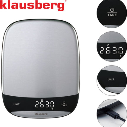 Klausberg KB-7936 Digitale Keukenweegschaal 10 kg – RVS INOX, USB-C Oplaadbaar, 1g Nauwkeurig, TARE Functie, Vloeistofmeting