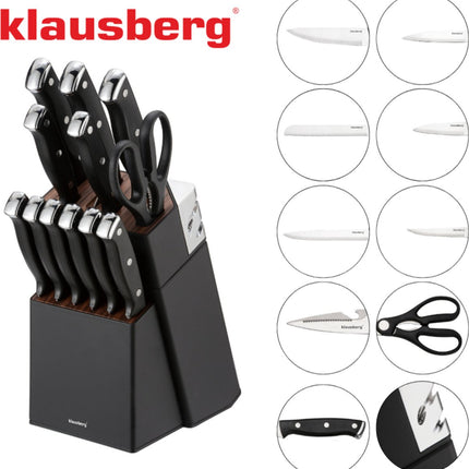 Klausberg KB-7985 13 Delig Messenset - Zwart Messenblok met Slijpstaaf - 6 Stekmessen Inclusief - Messenset met Blok - O.a. Broodmes, Koksmes, Vleesmessen en Schaar