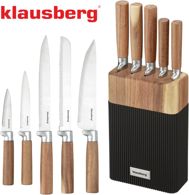 Klausberg KB-7981 6 Delig Messenset - 5 Messen met Acacia Houten Blok - Roestvrij Staal Zwart - Messenblok inclusief Messen - Natuurlijke Look - Koksmes - Broodmes -