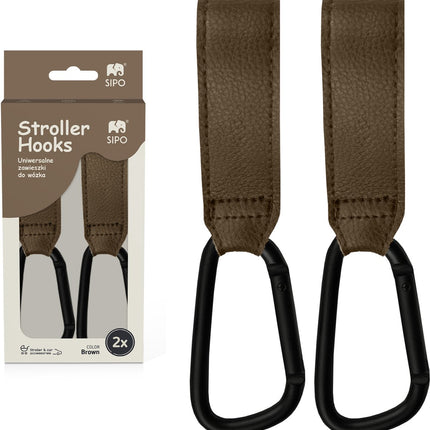 Sipo SCA-11 Universele Wagenhaakjes - Set van 2 Stuks - Bruin Eco Leren Design - Maximaal 5 kg Draagkracht - Kinderwagen Boodschappenhaak -
