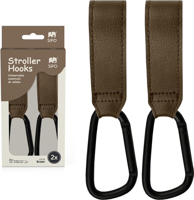Sipo SCA-11 Universele Wagenhaakjes - Set van 2 Stuks - Bruin Eco Leren Design - Maximaal 5 kg Draagkracht - Kinderwagen Boodschappenhaak -