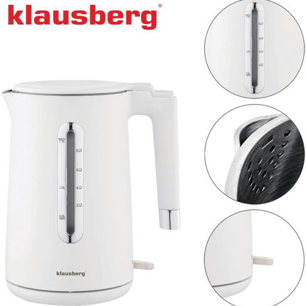 Klausberg KB-7890 Elektrische Waterkoker - 1,7L - Wit - 2200W - RVS & PP - Energiezuinig & Stil