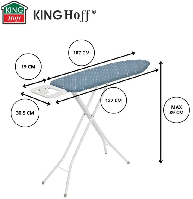 KINGHOFF KH-1938 Strijkplank – 107,5×30,5 cm – 4-hoogtes verstelbaar – Met Strijkijzerhouder – blauw - afneembaar hoes