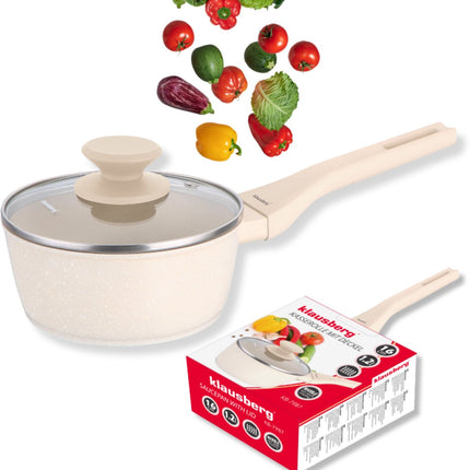 Klausberg KB-7987 Steelpan 16 cm – 1.2 Liter – Marble Anti-aanbaklaag – Inductie Geschikt – Met Glazen Deksel – Crème