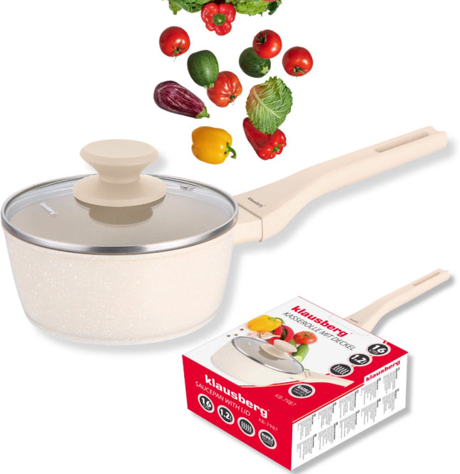 Klausberg KB-7987 Steelpan 16 cm – 1.2 Liter – Marble Anti-aanbaklaag – Inductie Geschikt – Met Glazen Deksel – Crème