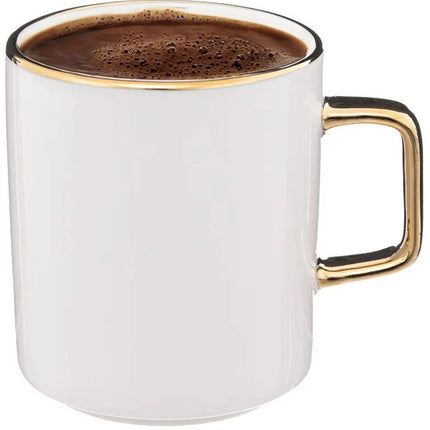 Secret de Gourmet Koffiemokken Athena - 6x stuks - Keramiek - wit/goud - 350 ml - 8 x 9 cm