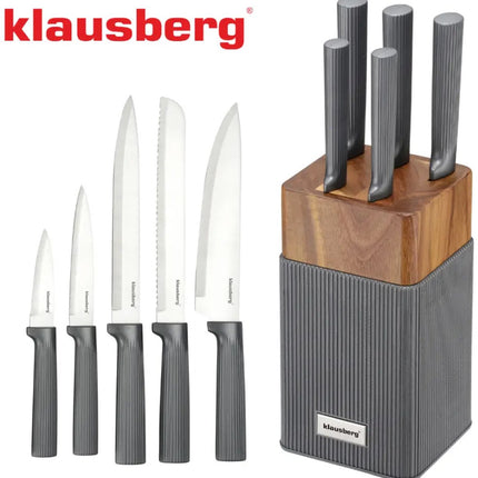 KLAUSBERG 6-Delige Messenset met blok – Acaciahouten Blok – RVS keukenmessen – Grafiet Handgrepen – KB-7982