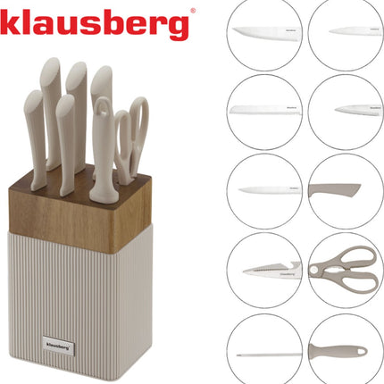 Klausberg KB-7984 8 Delig Messenset - Messenblok met Acacia Hout - Roestvrij Staal Inclusief Slijpstaaf - Broodmes - Koksmes - Vleesmes -