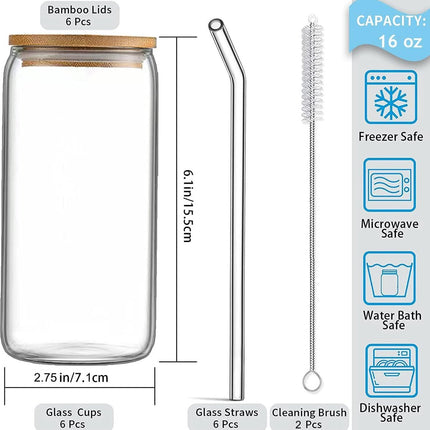 Drinkglazen met deksel en rietje set van 6 - Ideaal voor water, cocktail, whiskey, frisdrank - 500ml iced coffee glas - Blikvormige glazen bekers - Beer Can cocktailglazen Ice mold