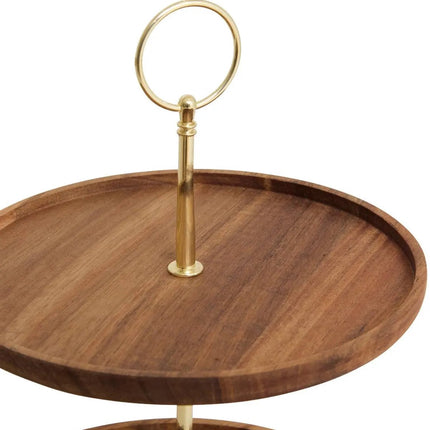 Mina Gold Serveerstandaard - 2-Laags Etagere van Acaciahout en Goudkleurig Metaal - Ø 25 cm - Leuk voor Hapjes en Cupcakes - Etagére