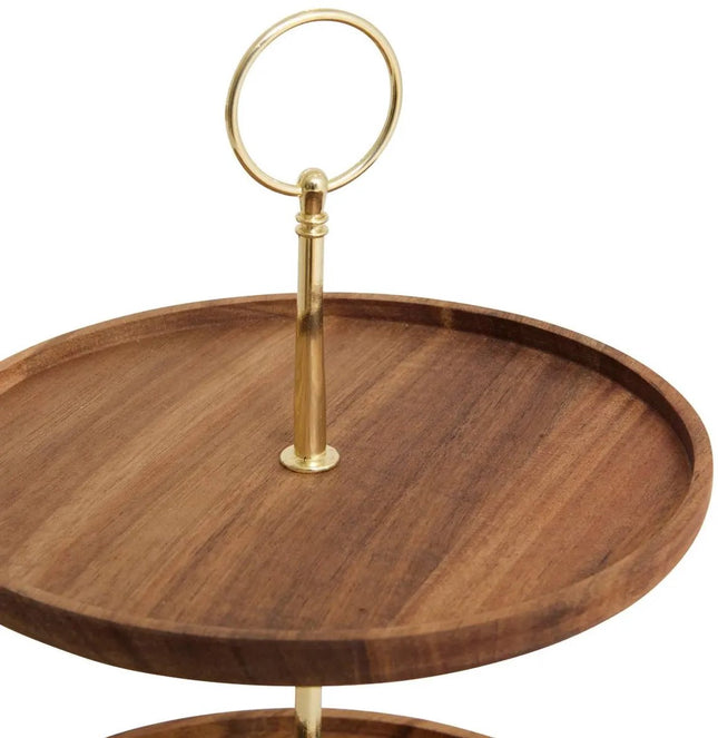 Mina Gold Serveerstandaard - 2-Laags Etagere van Acaciahout en Goudkleurig Metaal - Ø 25 cm - Leuk voor Hapjes en Cupcakes - Etagére